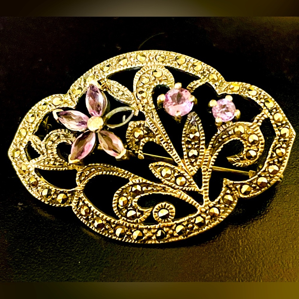 Vintage Sterling Silver Marcasite Amethyst Floral Pin Brooch - Picture 1 of 9